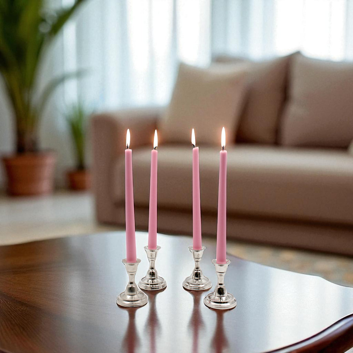HOSLEY Pack of 4 Rose Fragrance Taper Candles|10 Inch Long|Dinner Candles|Smokeless & Dripless|Celebration Candles|Long Burning|Perfect for Home Decor, Lighting|Burn Time 9 Hours| Baby Pink