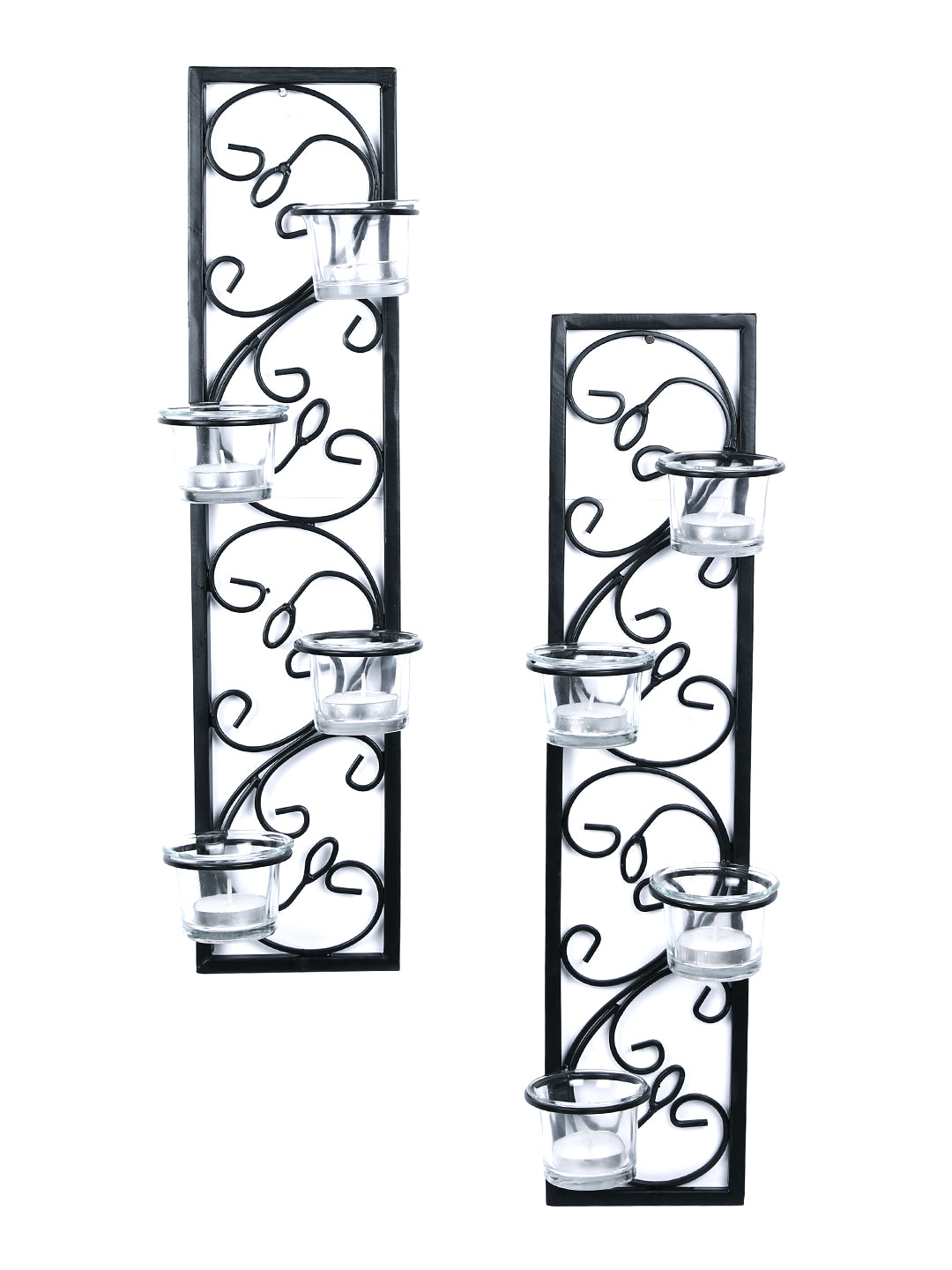 Hosley Set of 2 Decorative Wall Sconce/Candle Holder With Clear Glass and Free T-light Candles (Black Matte)