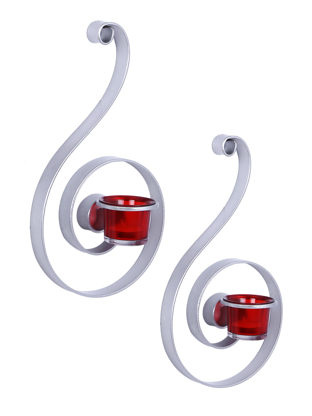 Hosley Set of 2 Silver Decorative Wall Sconce with Red Glass and Free Tealights