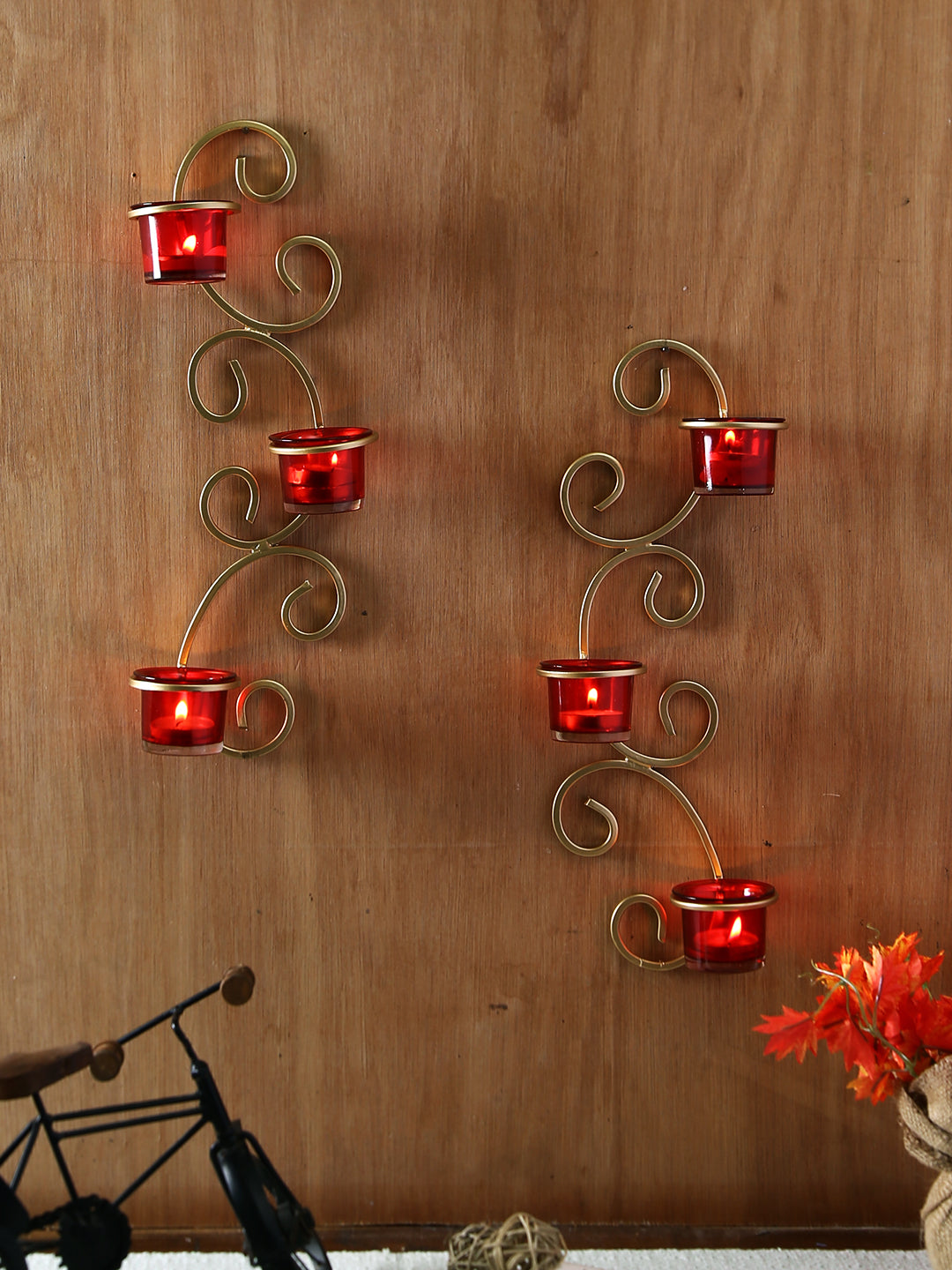 Hosley Set of 2 Metallic Gold Wall Sconce with Red and Clear Glasses