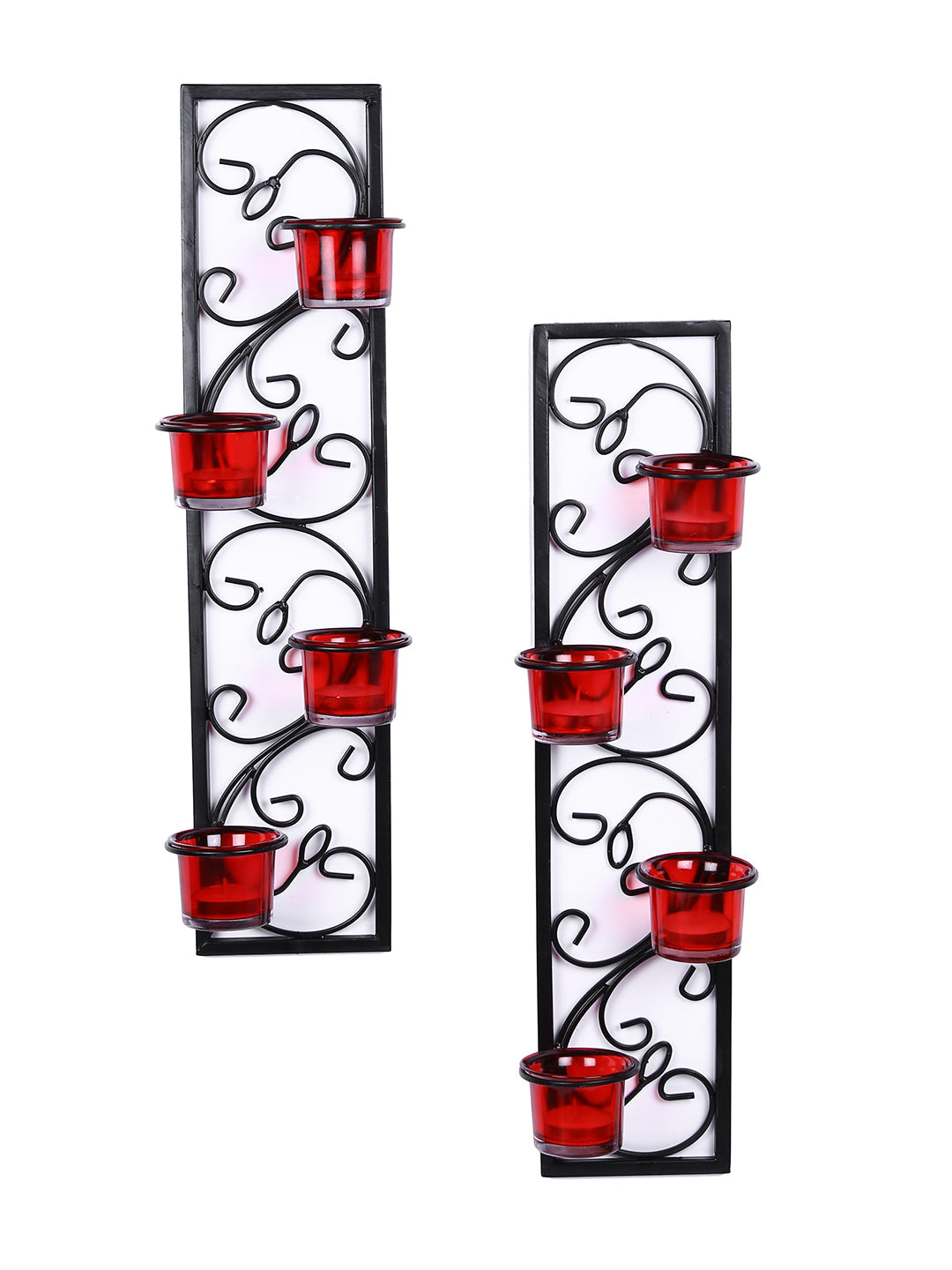 Hosley Set of 2 Decorative Wall Sconce/Candle Holder With Red Glass and Free T-light Candles (Black Matte)