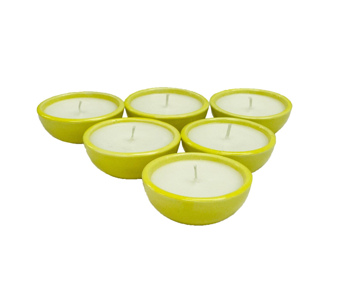 Hosley Set of 6 Sweet Pea Jasmine Scented Ceramic Candles for Decoration /Ceramic Diyas for Diwali, Festivals, Yellow Green