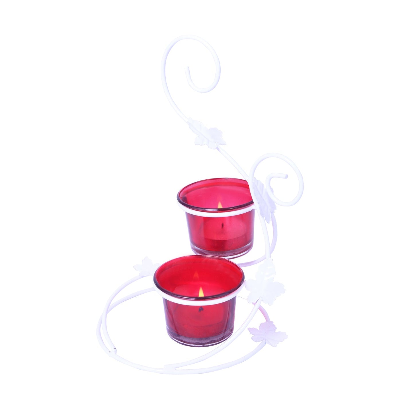 Hosley White Powdercoated Metal and Glass Tealight Candle Holder with Red Glass for Home Decoration, Pack of 1