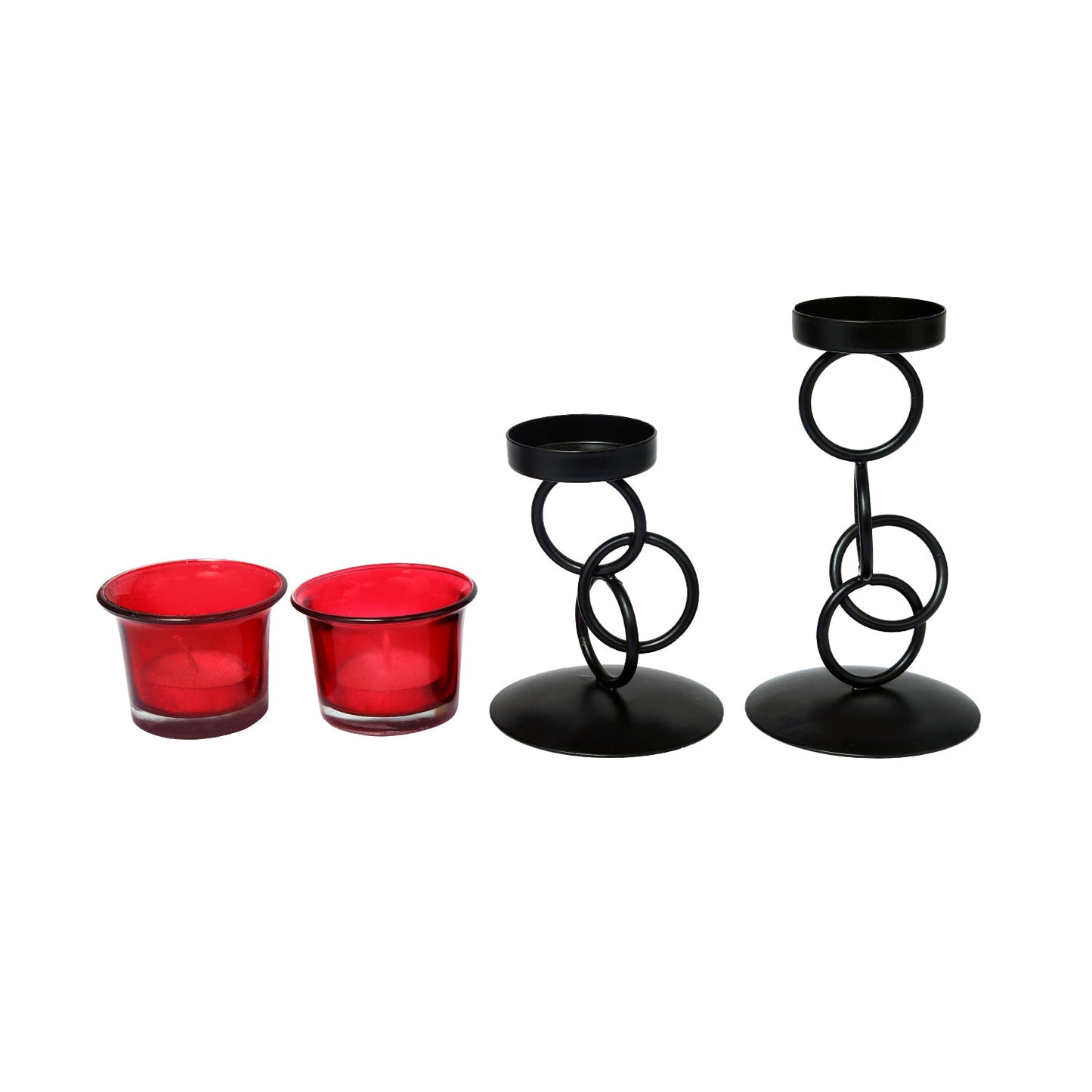 Hosley Tealight Candle Holders for Home Decoration, with 2 Red Glass |Best for Home Decoration, Diwali Decoration Items, Dining Table, Black, Pack of 2