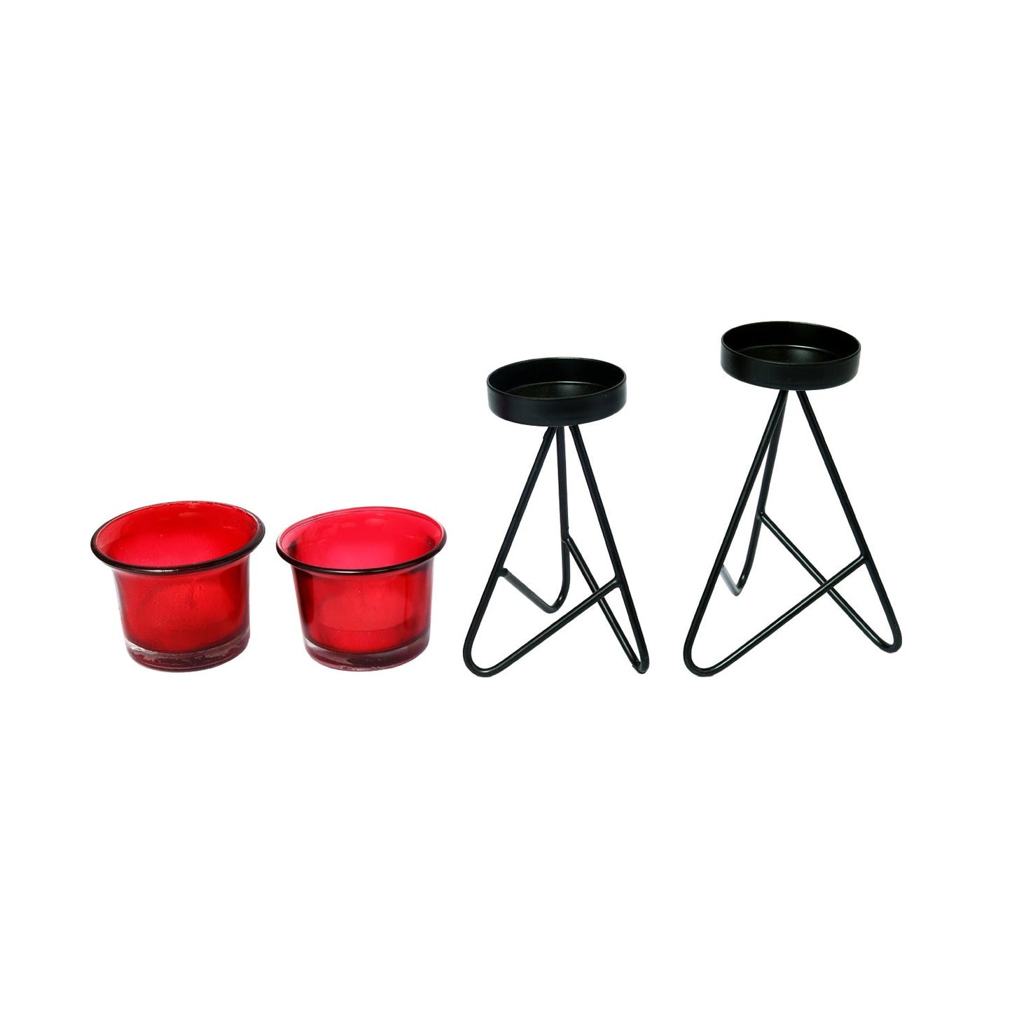 Hosley Metal Candle Holders with 2 Red Glass / Tealight Candle Holder for Home Decoration Dinning Table, Wedding Décor, Black, Pack of 2