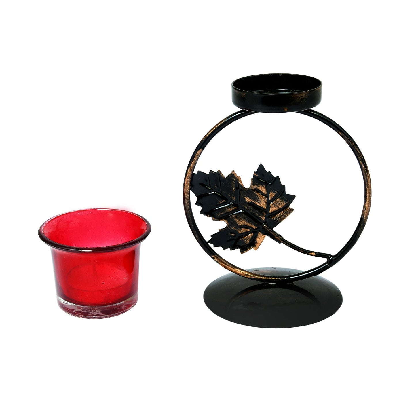 Hosley Metal Black and copper Tealight Candle Holder with Red Glass for Home Decoration Lightning Gifting, Pack of 1