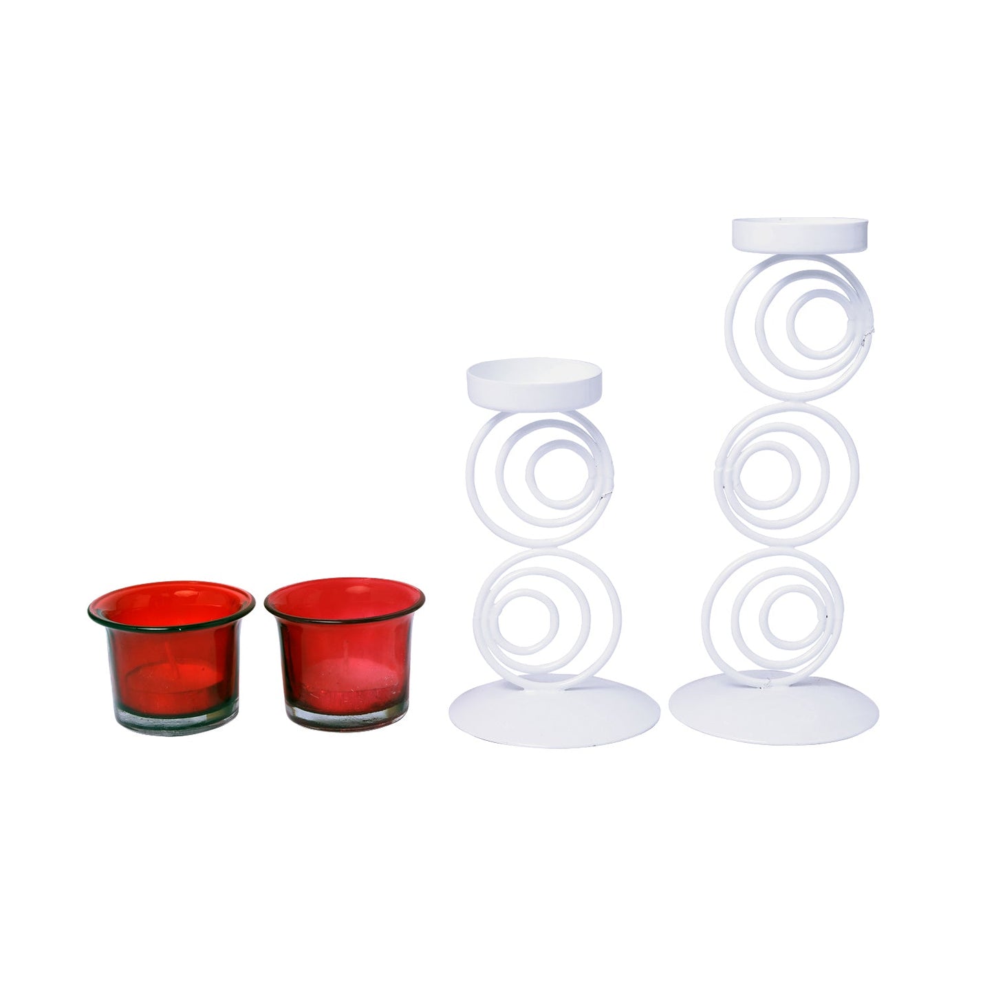 Hosley White Metal Candle Holders with 2 Red Glass for Home Decoration Dinning Table Decoration Candle Wedding Décor, Pack of 2
