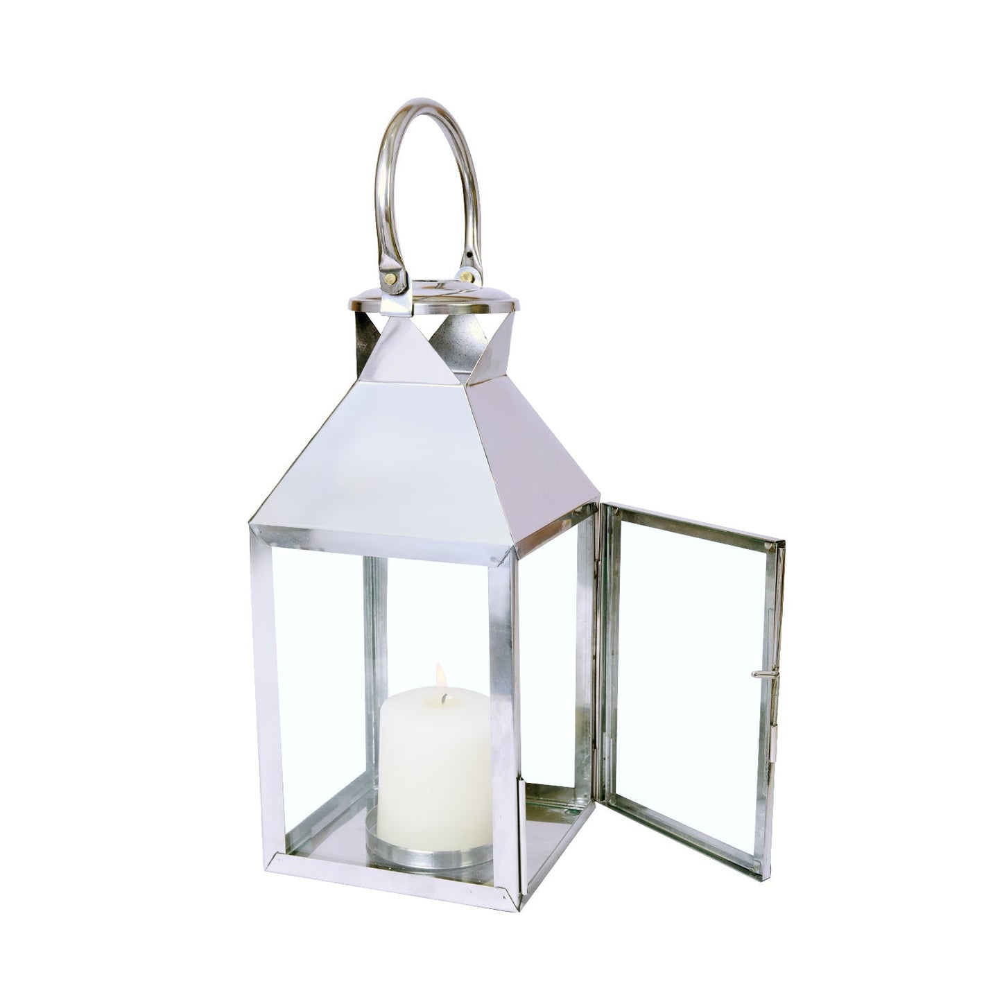 Hosley Stainless Steel Classic Style Lantern Candle Holder for Home Decoration 12.5 Inch High with Pillar Candle Ideal Gift for Weddings Festivities Parties Outdoor Activities, Silver, Pack of 1