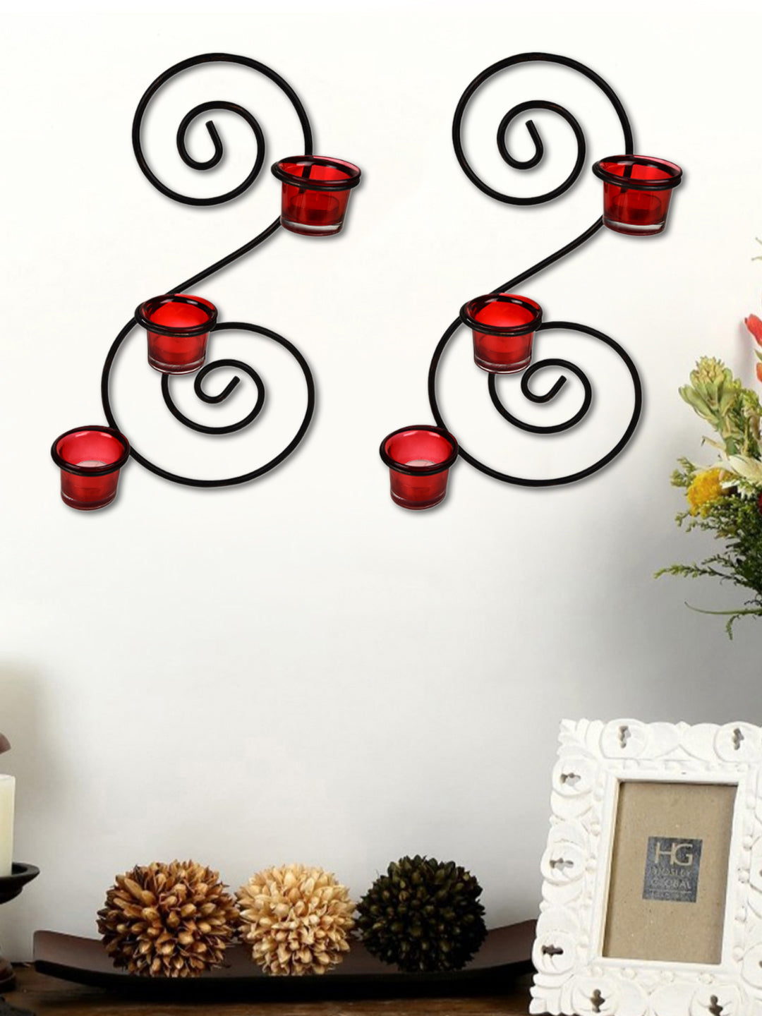 Hosley Set of 2 Antique Bronze Decorative Wall Sconce with Red Glass and Free Tealights