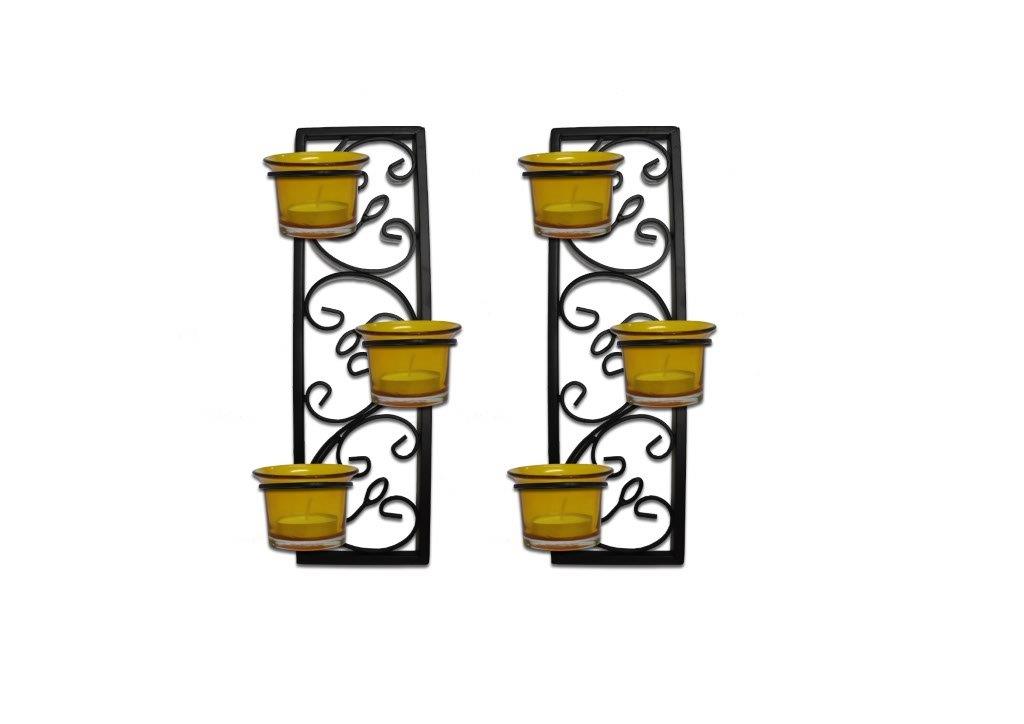 Hosley Black & Yellow Set of 2 Wall Hanging Tealight Candle Holder Metal Wall Sconce with Glass Cups and Tealight Candles for Home Decoration