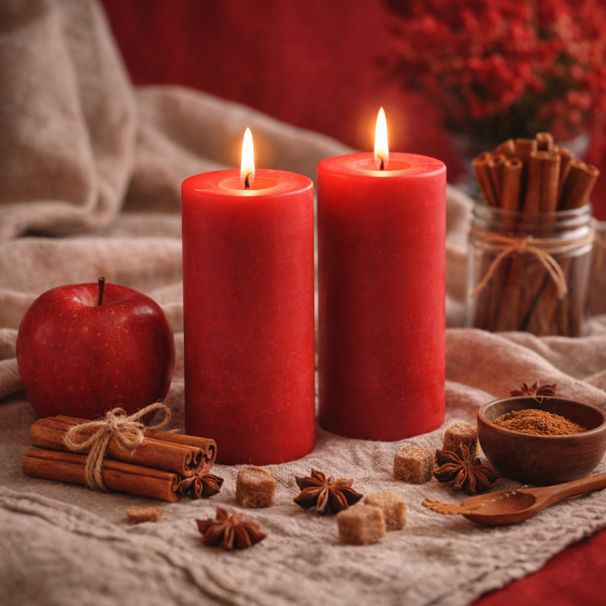 Hosley Set of 2 Fragrances Pillar Candles Apple Cinnamon - Premium Scented. Long-Lasting Burn