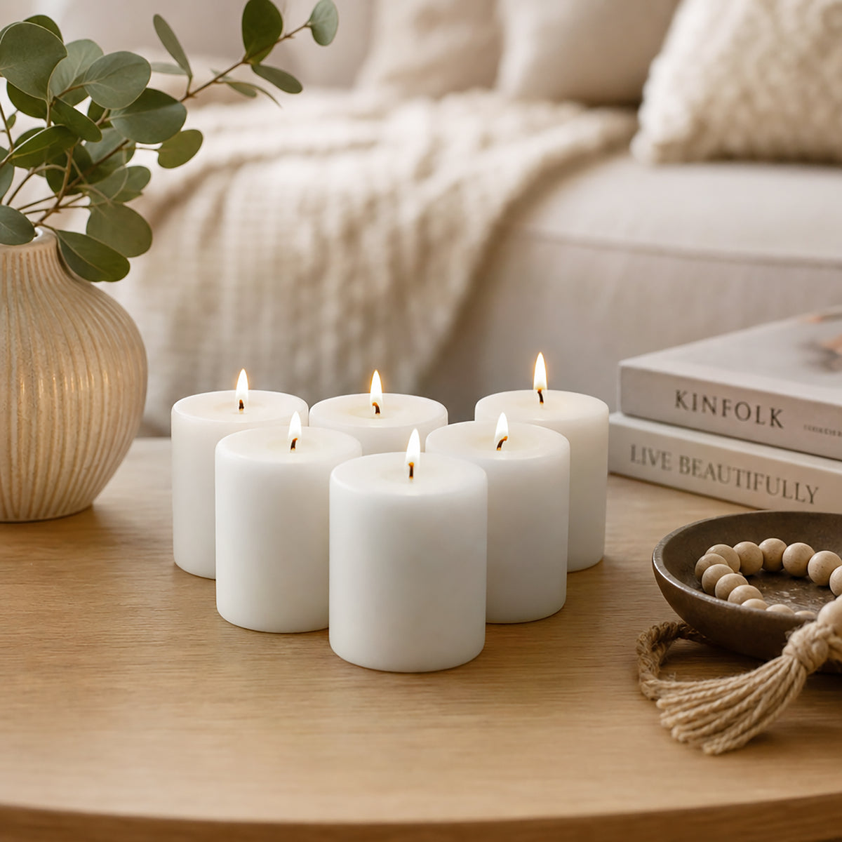 Hosley White Pillar Candles Set of 6 | Unscented Smokeless Decorative Candles | Soy Blend Wax| Long Burning- 30 Hours, 2Inch high Candle for Home Decor, Diwali Decoration, Prayer, Wedding & Gifting