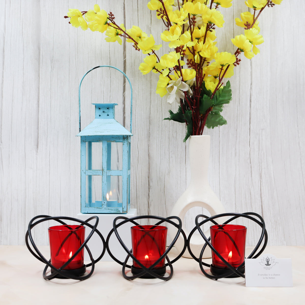 Hosley 3 Cup Decorative Tealight Holder with Red Glass