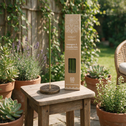 Hosley Citronella & Lemongrass Garden Incense Sticks with Wooden Holder, 60 PCs