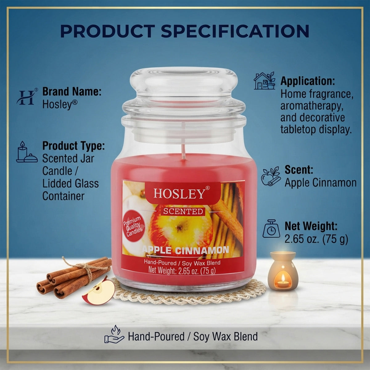 Hosley Apple Cinnamon Fragranced Jar Candle – 2.65 Oz
