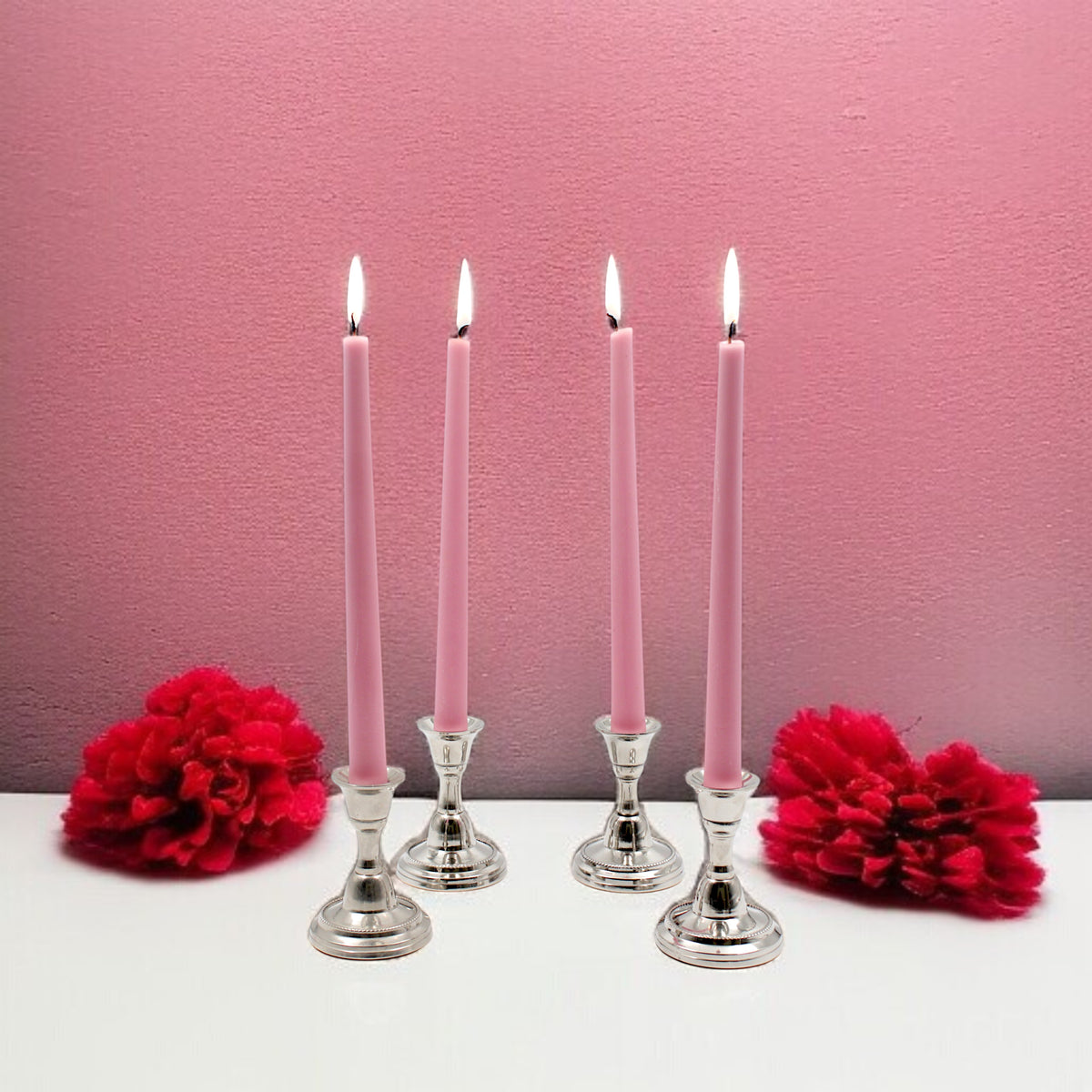 HOSLEY Pack of 4 Rose Fragrance Taper Candles|10 Inch Long|Dinner Candles|Smokeless & Dripless|Celebration Candles|Long Burning|Perfect for Home Decor, Lighting|Burn Time 9 Hours| Baby Pink