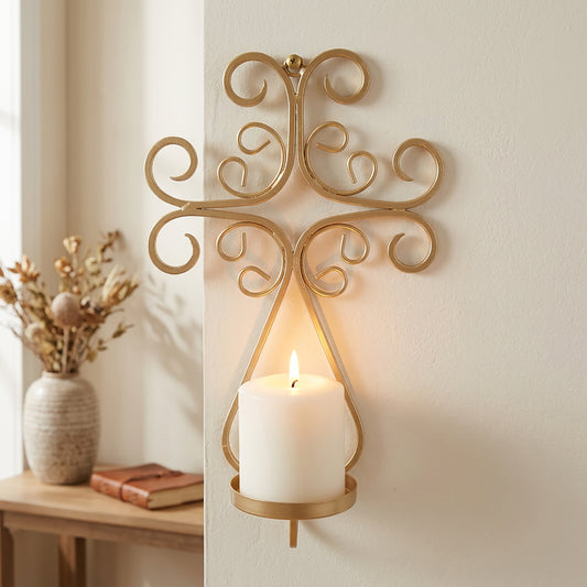 Hosley Gold Metal Wall Candle Holder for Living Room Décor | Decorative Iron Wall Mounted Tealight & Pillar Candle Stand | Wall Hanging Candle Sconce for Home, Pack of 1