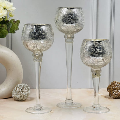 HOSLEY Silver Mercury Crackle Glass Tealight Candle Holders for Gifting, Wedding Home Decor