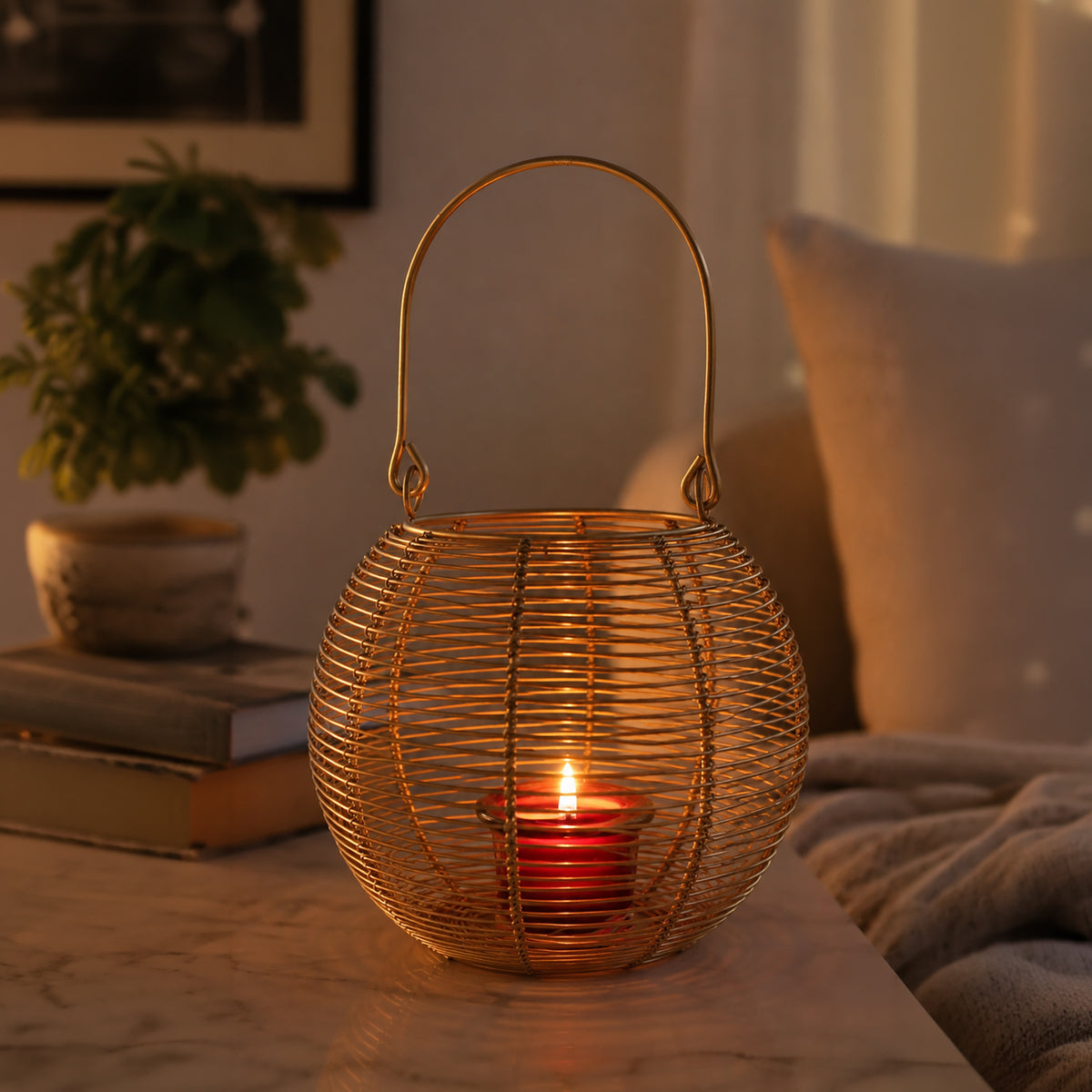 Hosley Tealight Candle Holders, Metal Wire Lantern Candle Holder, Gold, Pack of 1