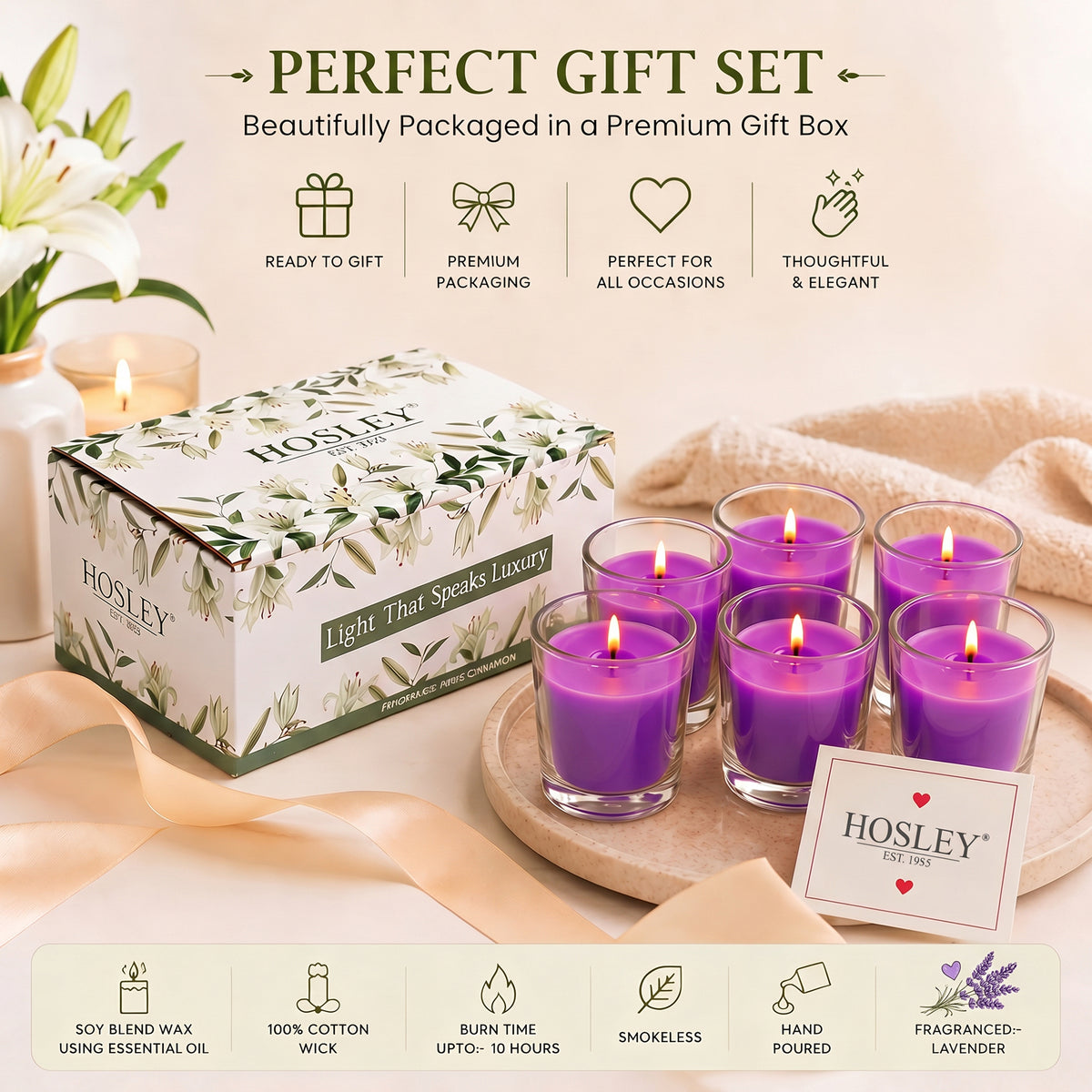 Hosley Lavender Votive Glass Candle | Perfume Candles for Home | (Purple, Pack of 6)
