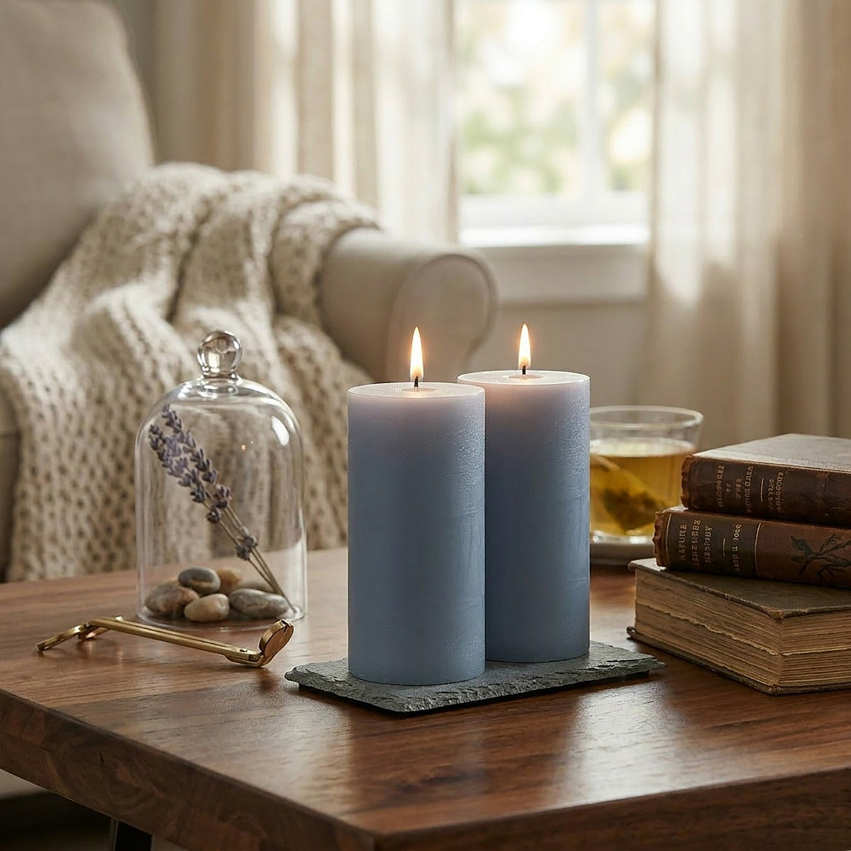 Hosley Fragrances Pillar Candles Ocean Sand Premium Scented Aromatherapy Candles, Set of 2, Blue