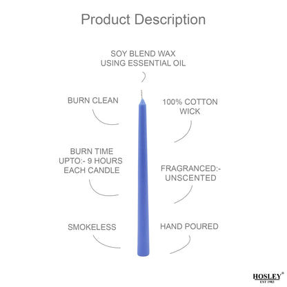HOSLEY Pack of 4 Blue Taper Candles Long Candles|10 Inch Long|Dinner Candles|Smokeless & Dripless|Celebration Candles|Long Burning|Perfect for Home Decor, Lighting|Burn Time 9 Hours| Unscented
