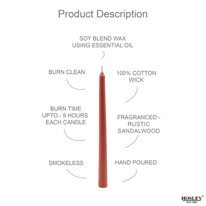 HOSLEY Pack of 4 Rustic Sandalwood Fragrance Taper Candles 10 Inch Long|Dinner Candles|Smokeless & Dripless|Celebration Candles|Long Burning|Perfect for Home Decor, Lighting|Burn Time 9 Hours| Brown