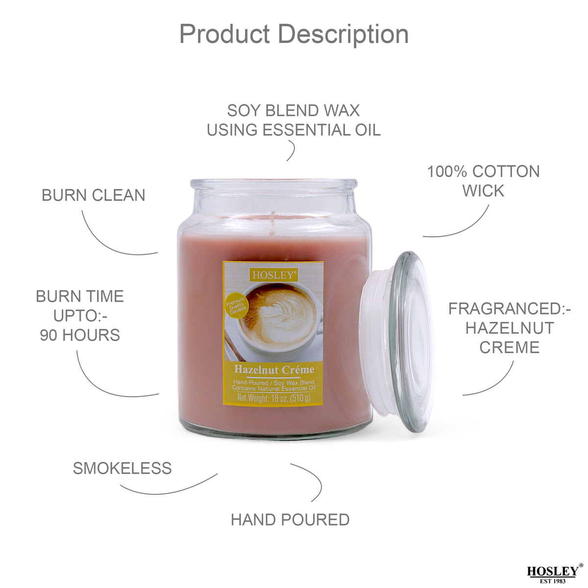 Hosley® Hazelnut Crème Highly Fragranced, 18 Oz wax, Large Jar Candle
