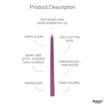HOSLEY Pack of 4 Purple Taper Candles|10 Inch Long|Dinner Candles|Smokeless & Dripless|Celebration Candles|Long Burning|Perfect for Home Decor, Lighting|Burn Time 9 Hours| Unscented