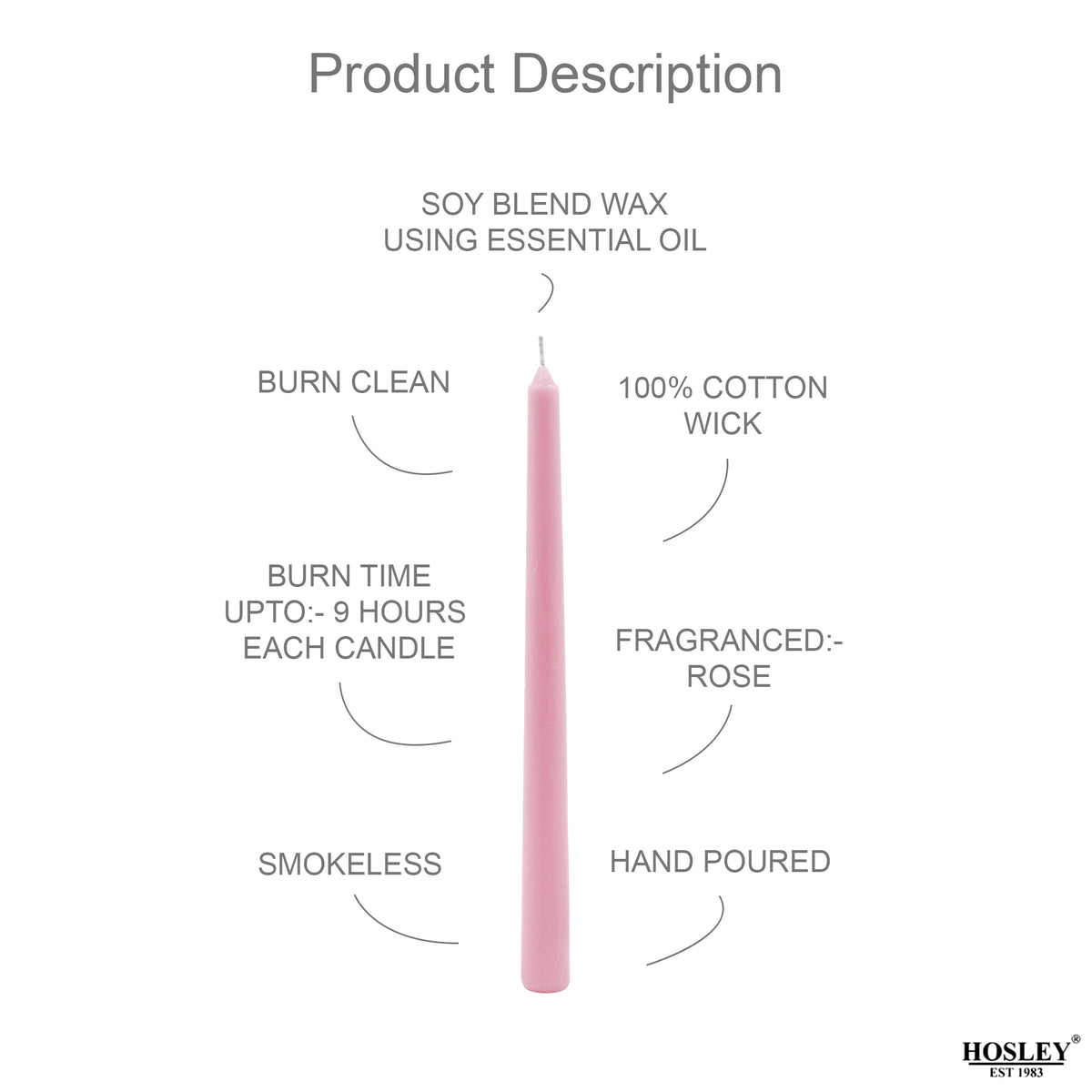 HOSLEY Pack of 4 Rose Fragrance Taper Candles|10 Inch Long|Dinner Candles|Smokeless & Dripless|Celebration Candles|Long Burning|Perfect for Home Decor, Lighting|Burn Time 9 Hours| Baby Pink
