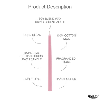 HOSLEY Pack of 4 Rose Fragrance Taper Candles|10 Inch Long|Dinner Candles|Smokeless & Dripless|Celebration Candles|Long Burning|Perfect for Home Decor, Lighting|Burn Time 9 Hours| Baby Pink