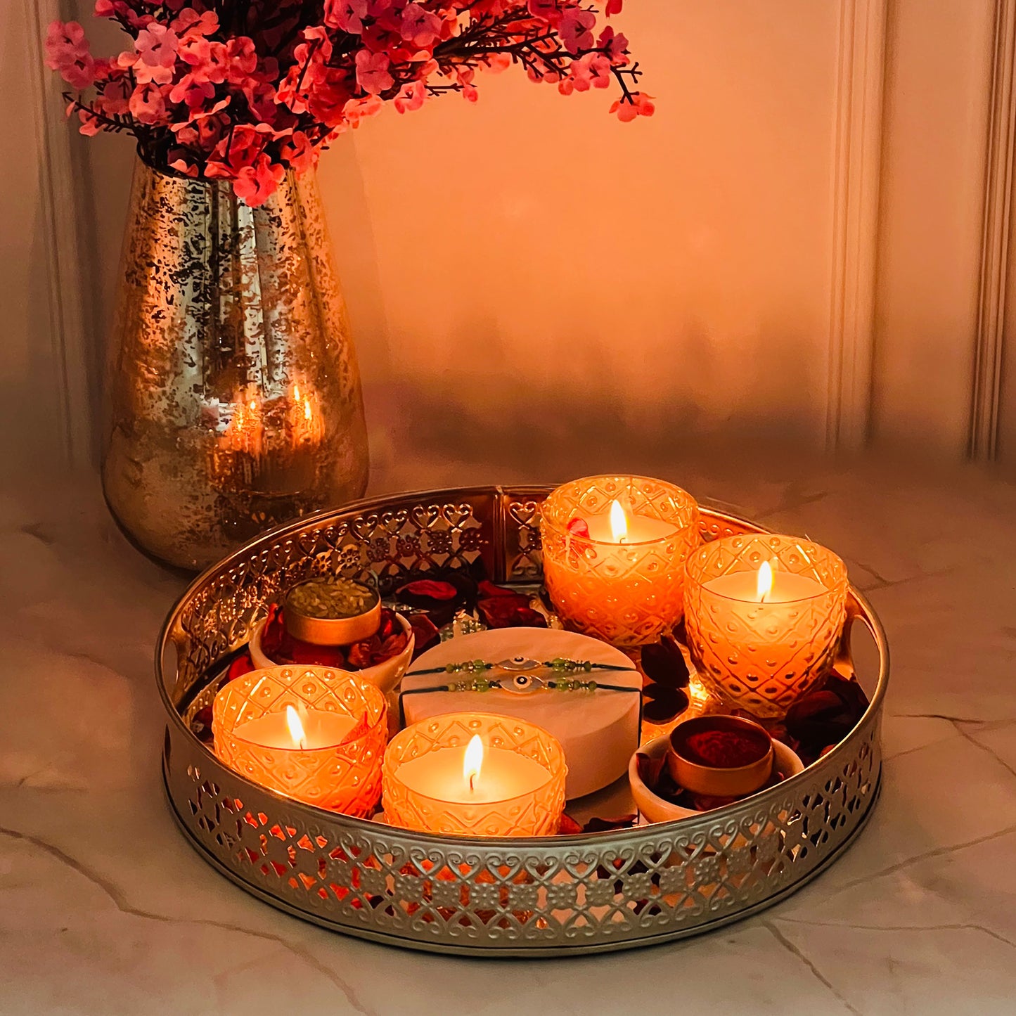 HOSLEY Set of 4 Gold Glass Candles | Rakhi Gift Set