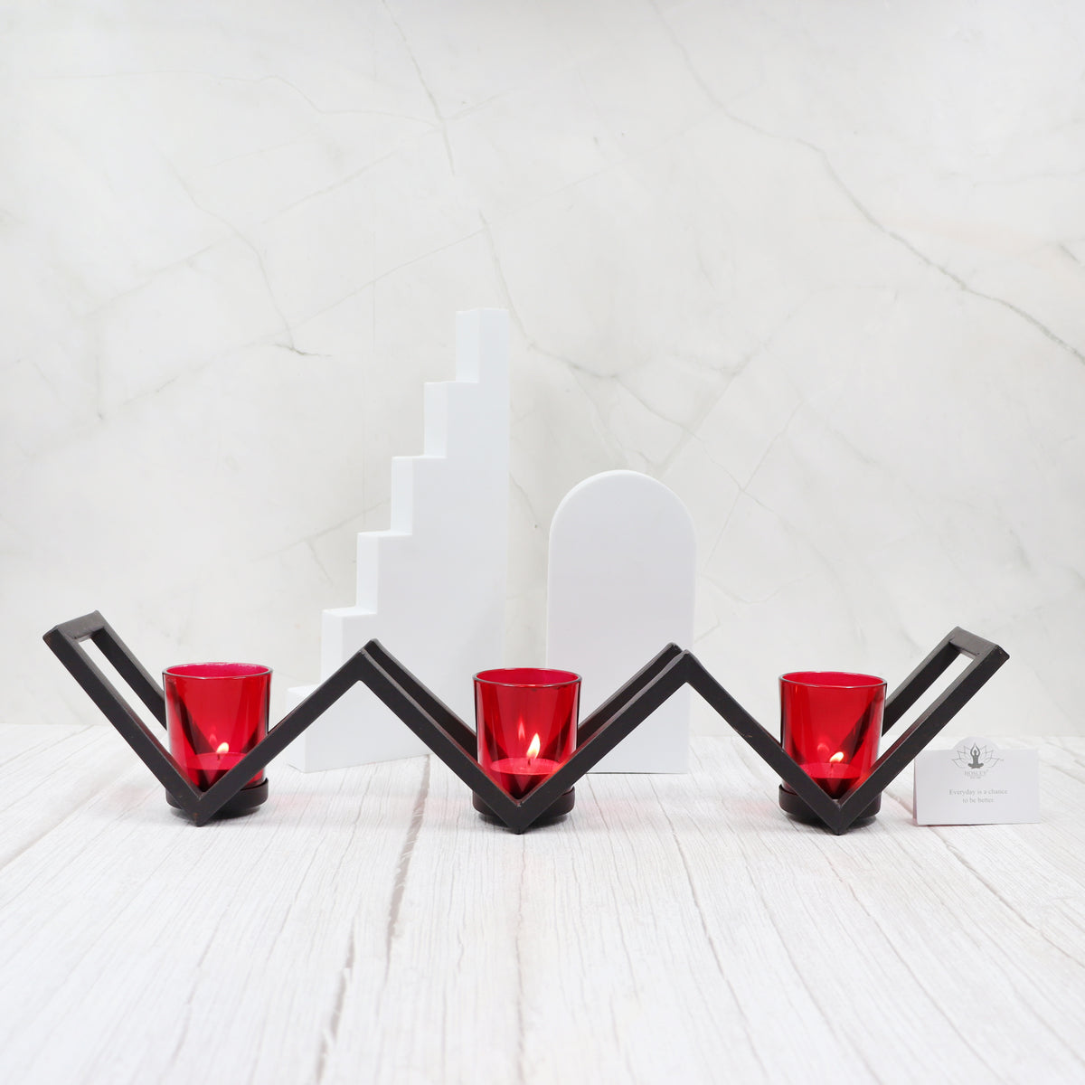 Hosley 3 Cup Decorative Tealight Holder with Red Glass