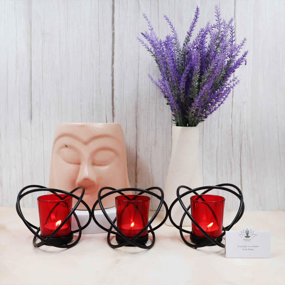 Hosley 3 Cup Decorative Tealight Holder with Red Glass
