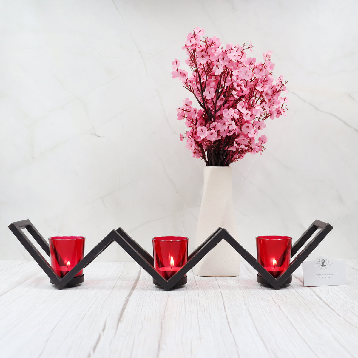 Hosley 3 Cup Decorative Tealight Holder with Red Glass