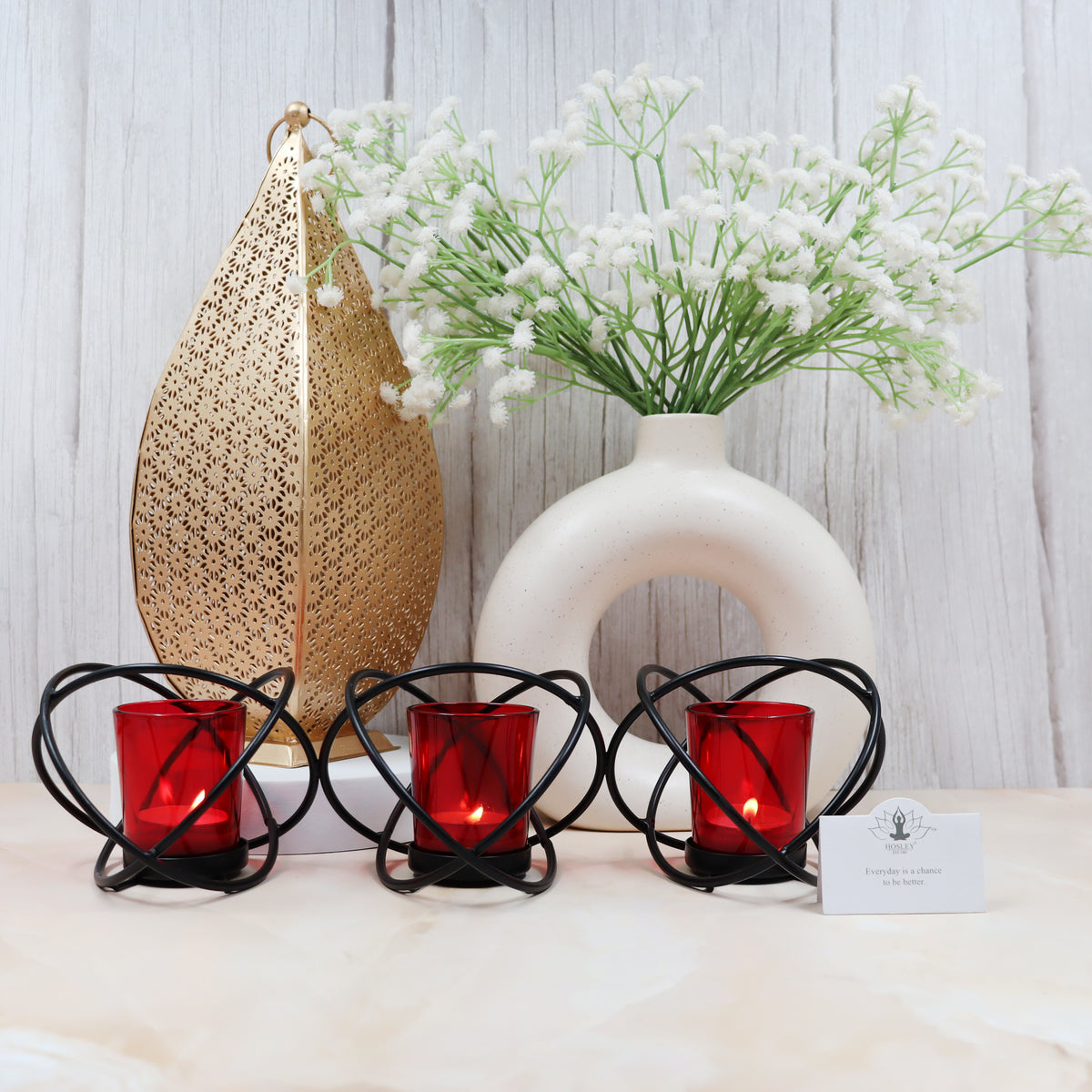 Hosley 3 Cup Decorative Tealight Holder with Red Glass