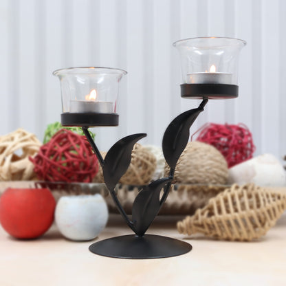 Hosley Trendy Leaves Tealight Holder with 2 Clear Glasses