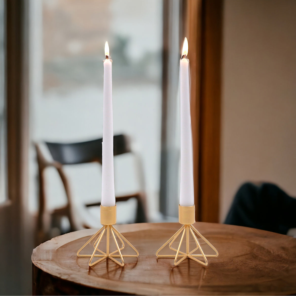 HOSLEY Metal Taper Candle Holders with 4 Taper Candles, Pack of 2, Gold