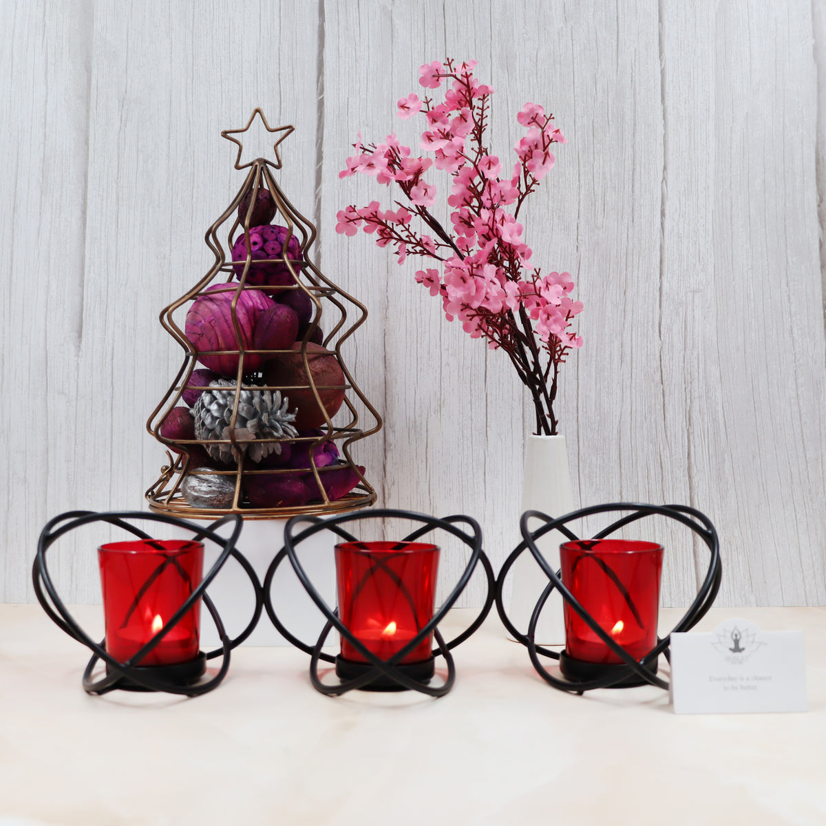 Hosley 3 Cup Decorative Tealight Holder with Red Glass
