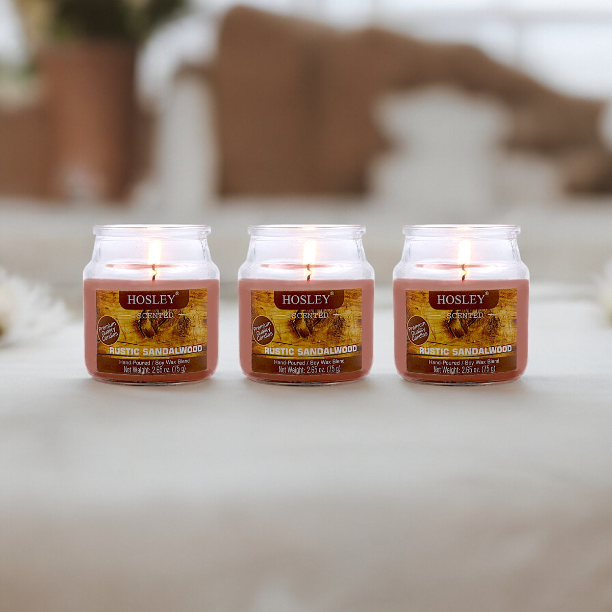 Hosley Rustic Sandalwood Fragranced Jar Candles – Set of 3, 2.65 Oz Each