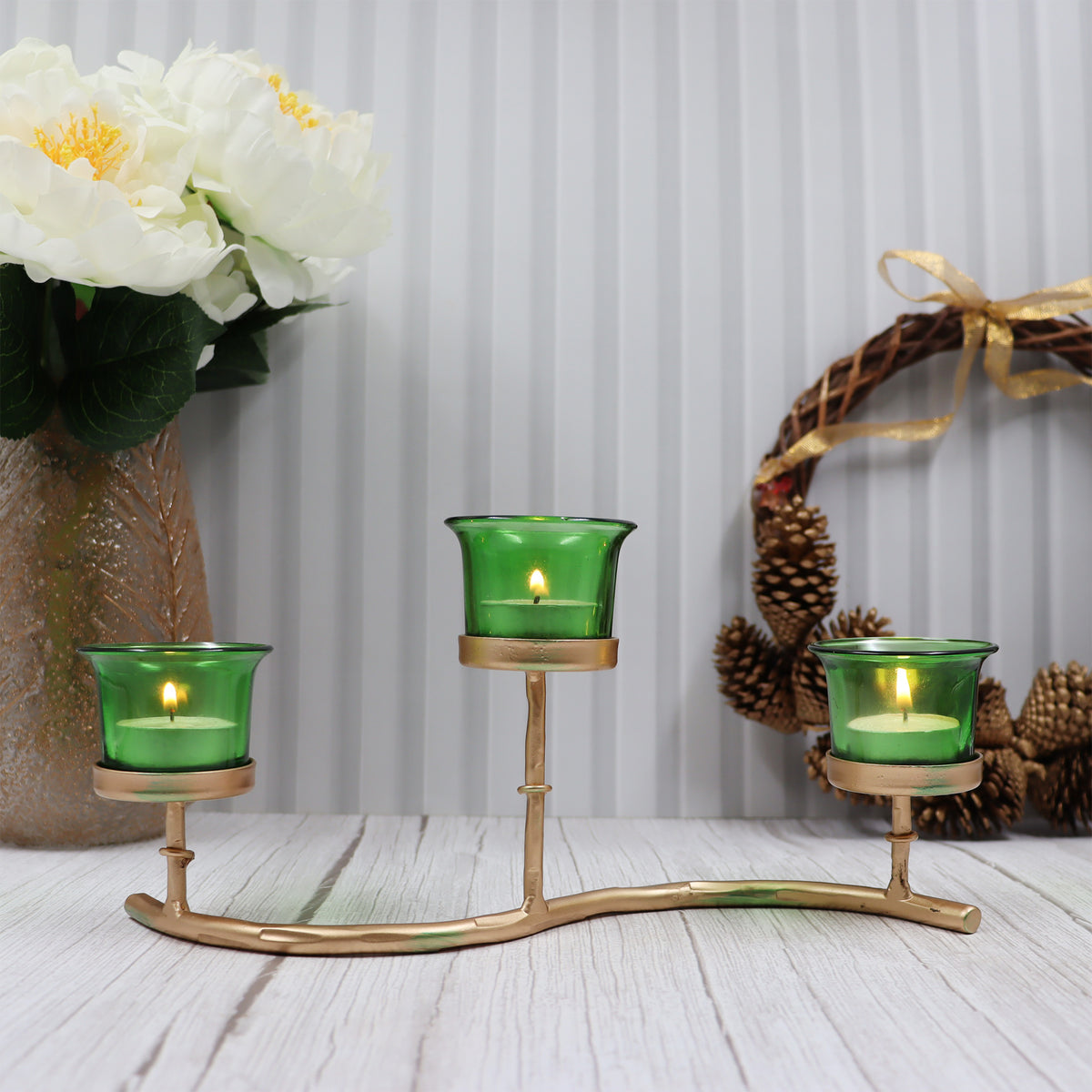 Hosley Iron 3-Cup Green Tealight Holder