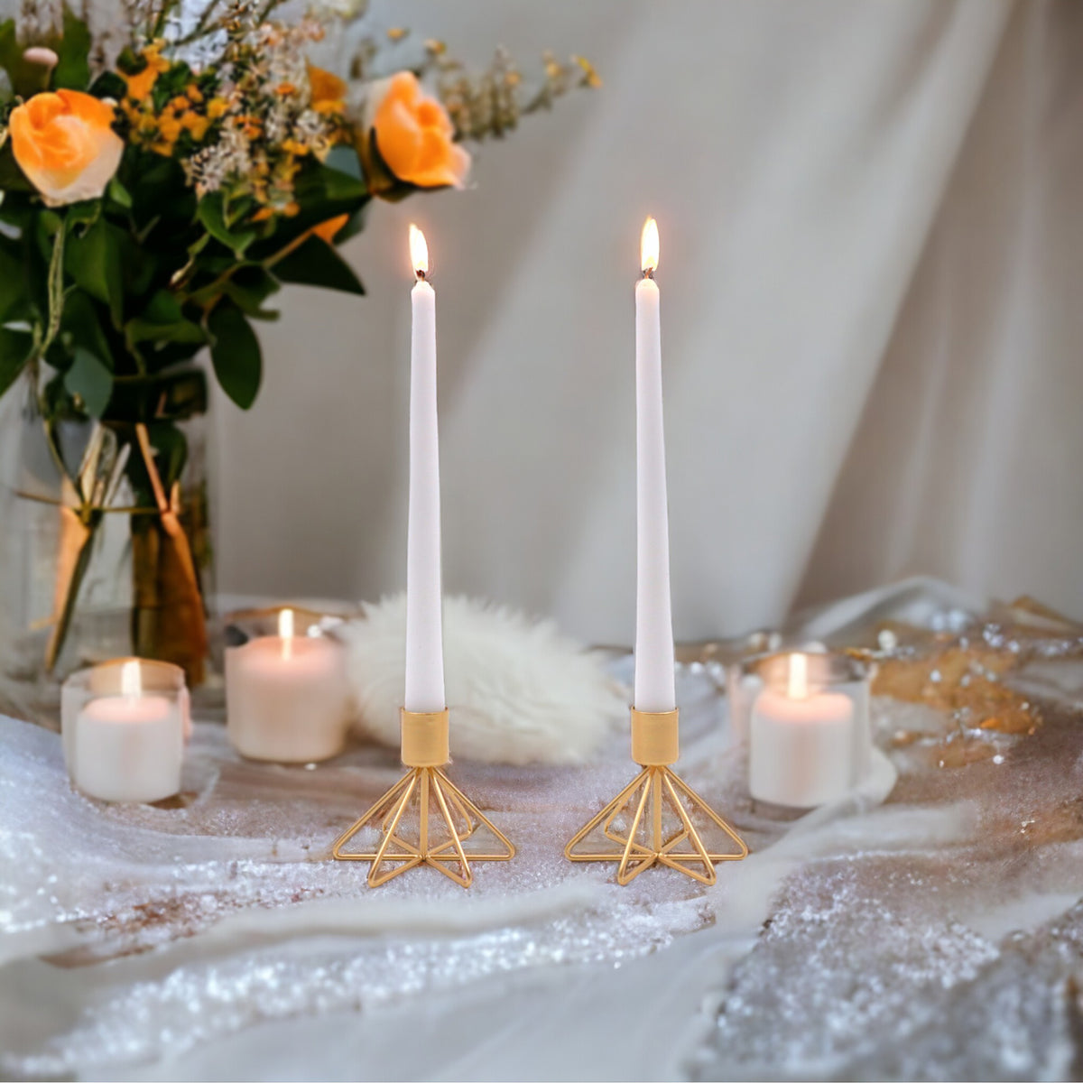 HOSLEY Metal Taper Candle Holders with 4 Taper Candles, Pack of 2, Gold