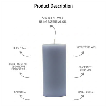 Hosley Fragrances Pillar Candles Ocean Sand Premium Scented Aromatherapy Candles, Set of 2, Blue