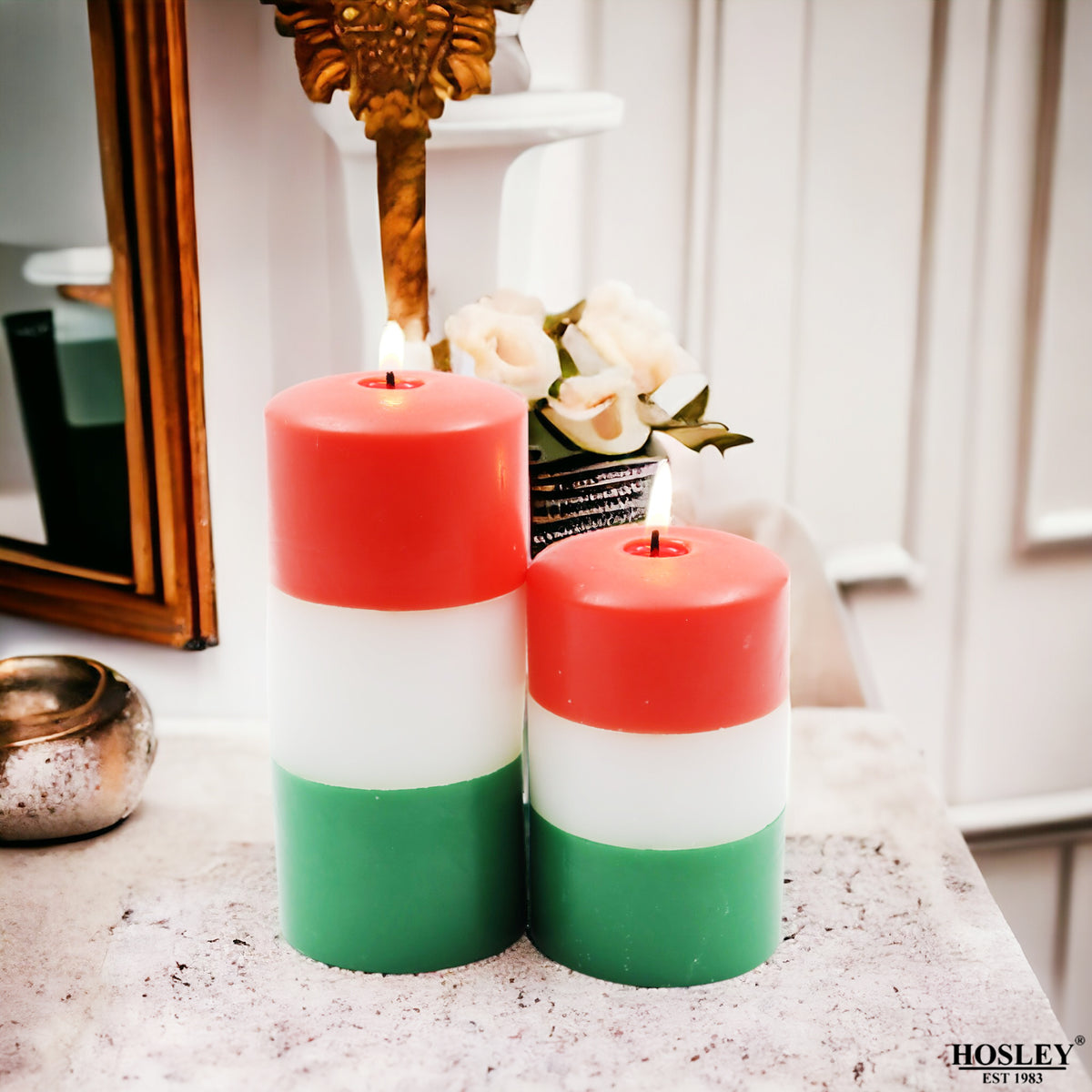Hosley Tri-Color Unscented Pillar Candles (Pack of 2, 4 Inch & 6 Inch)