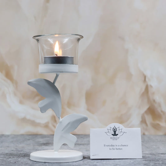 Hosley White Leaves Decorative Tealight Holder