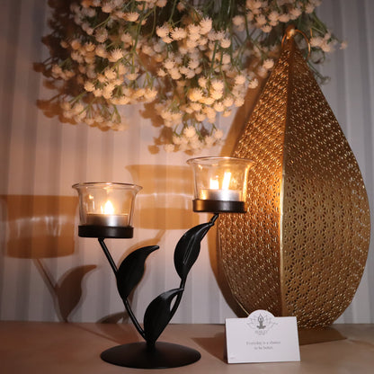 Hosley Trendy Leaves Tealight Holder with 2 Clear Glasses