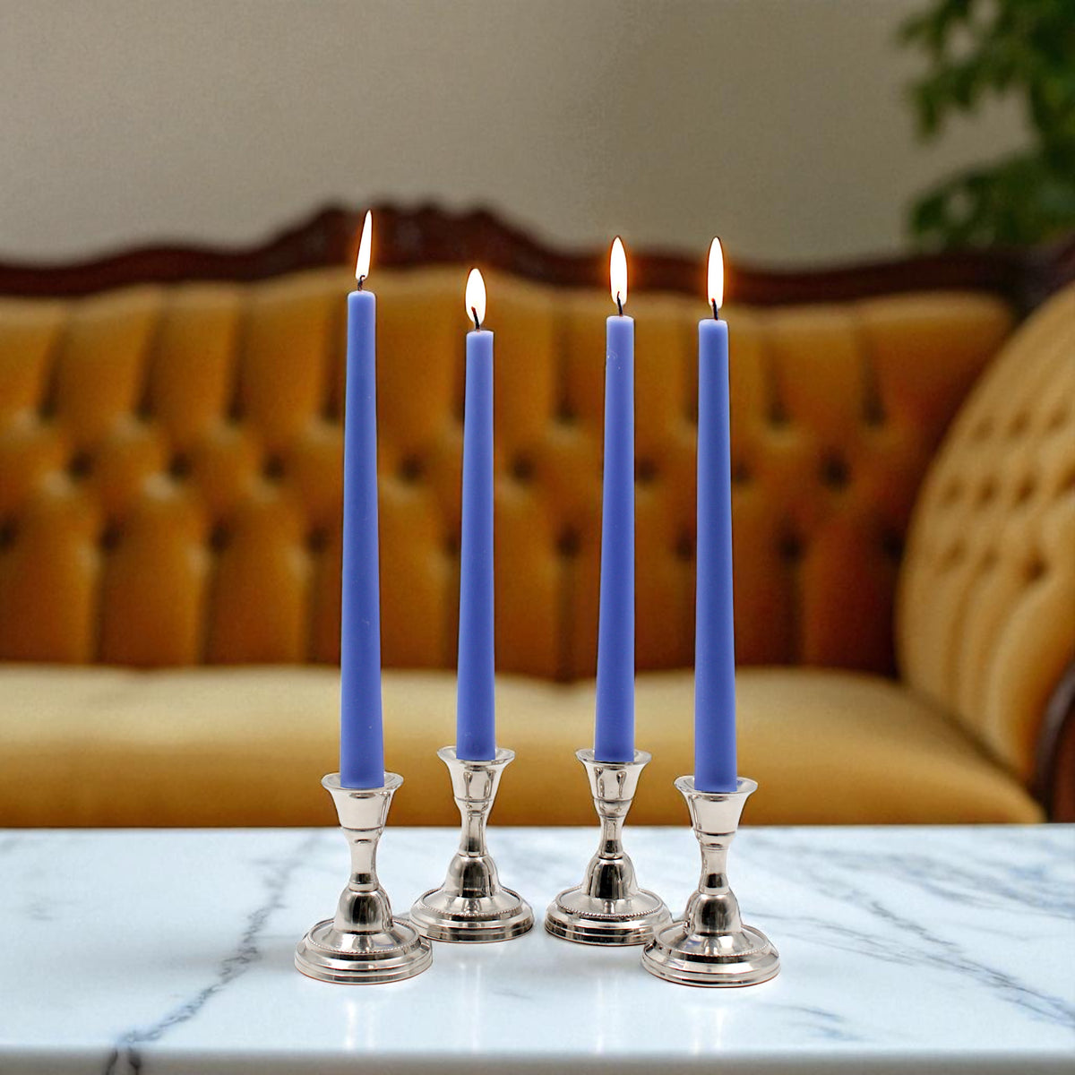 HOSLEY Pack of 4 Blue Taper Candles Long Candles|10 Inch Long|Dinner Candles|Smokeless & Dripless|Celebration Candles|Long Burning|Perfect for Home Decor, Lighting|Burn Time 9 Hours| Unscented