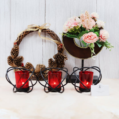 Hosley 3 Cup Decorative Tealight Holder with Red Glass