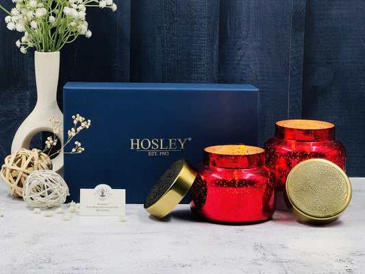 HOSLEY Lavender Fragrance Red Jar Candle with Metal Lid Perfect for Home Décor, Gifting and wedding- Set of 4