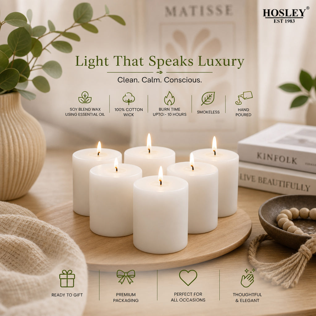 Hosley White Pillar Candles Set of 6 | Unscented Smokeless Decorative Candles | Soy Blend Wax| Long Burning- 30 Hours, 2Inch high Candle for Home Decor, Diwali Decoration, Prayer, Wedding & Gifting